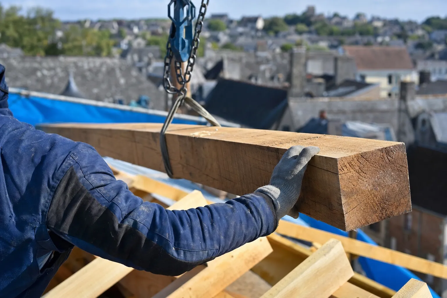mains d'un charpentier guidant une lourde panne de bois suspendue à un palan au-dessus d'une charpente en cours de montage
