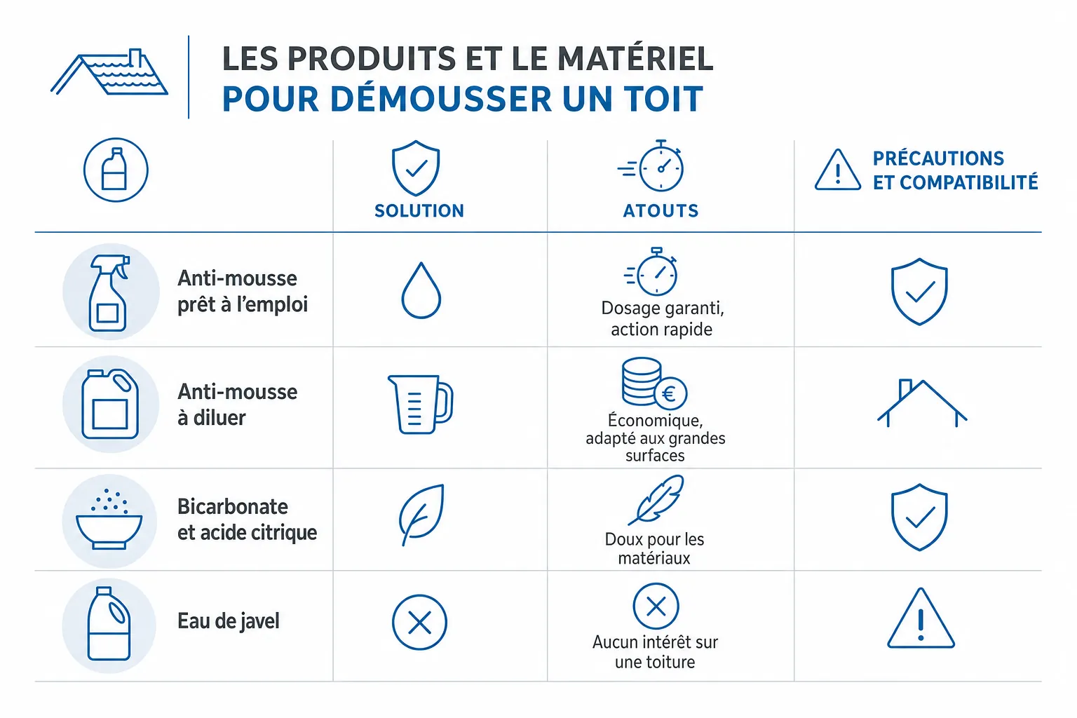 Infographie : Les produits et le matériel pour démousser un toit