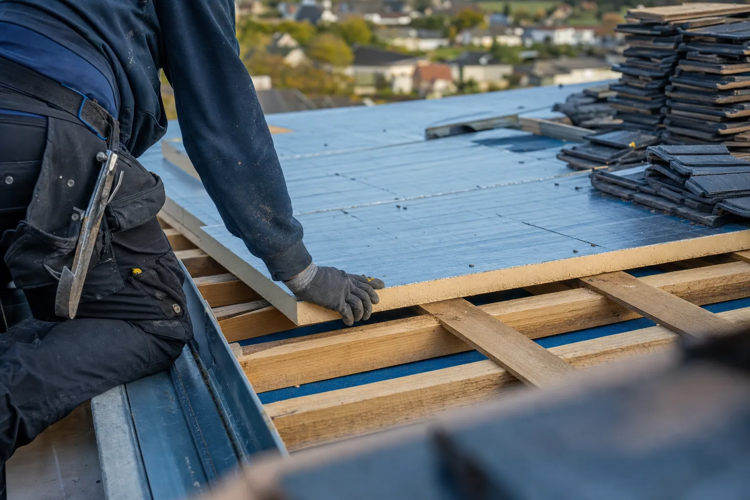 plan serré sur une toiture partiellement découverte pour un sarking, tuiles empilées sur le côté et panneaux isolants