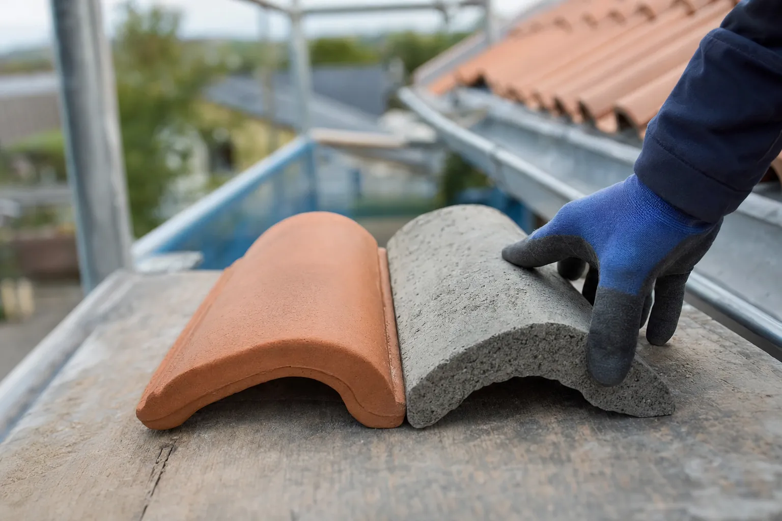 deux tuiles posees l'une contre l'autre sur une planche, l'une en terre cuite orangee mate, l'autre en beton gris, macro